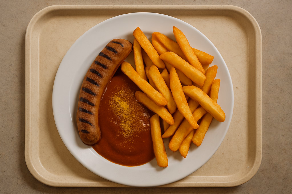 Vegane Currywurst vom Grill mit Steakhouse Pommes (AI Generated)