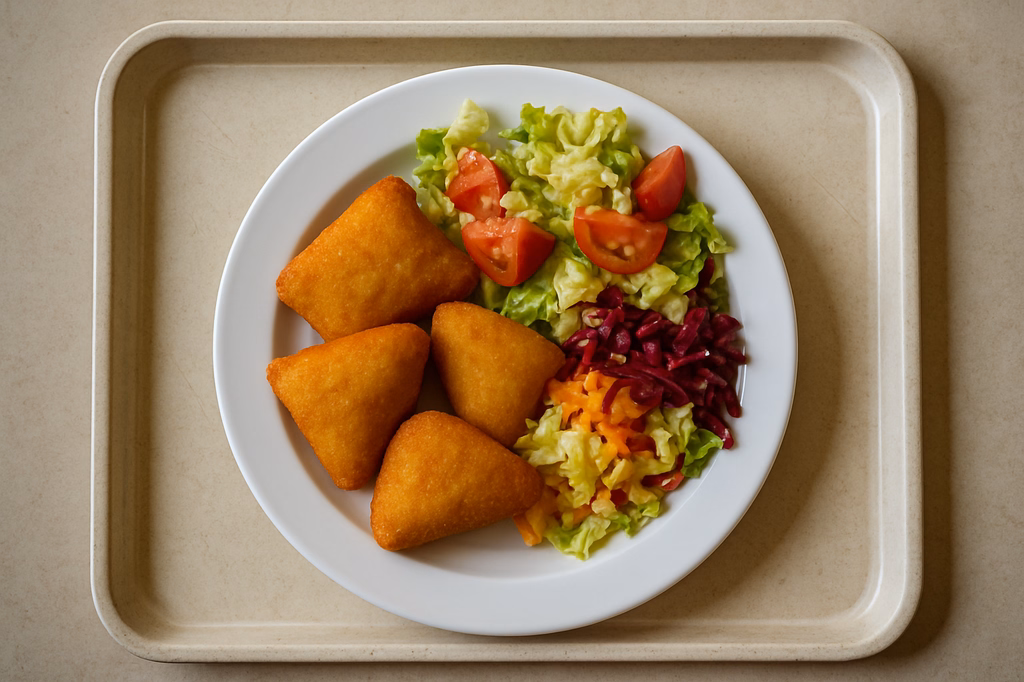 Gebackene Kartoffeltaschen "Kräuterfrischkäse" mit bunten Salaten (AI Generated)