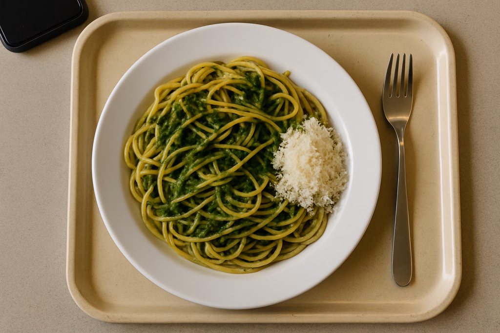 Spaghetti "Ruccola- Pesto " mit geriebenem Gran Moravia (AI Generated)