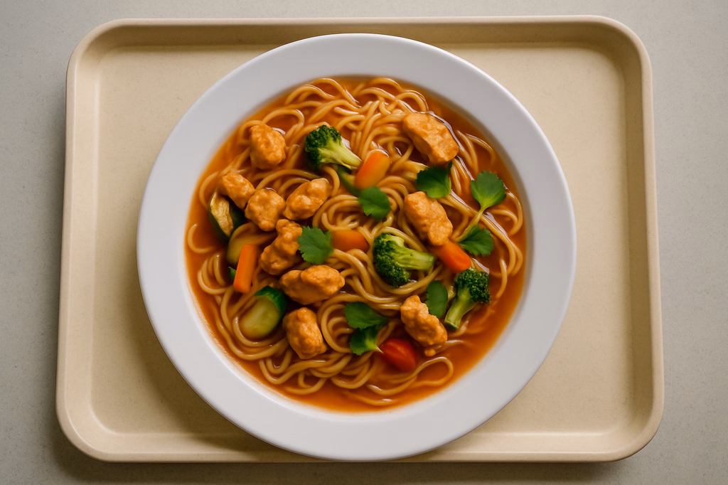 Asia Nudelpfanne mit Hähnchen, frischem Gemüse, Koriander und Süß saure Asia Soße (AI Generated)