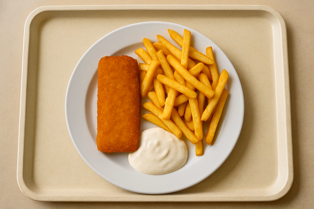 Seelachsfilet gebacken mit Mayo - Dip Soße Super Crunch Pommes frites (AI Generated)