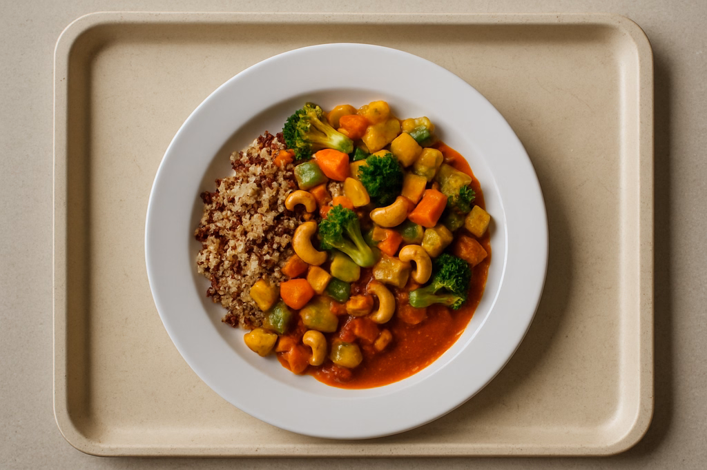 Protein - Gemüsepfanne mit weißen & roten Quinoa, Cashewkerne und pikante mauretanische Harissasoße (AI Generated)