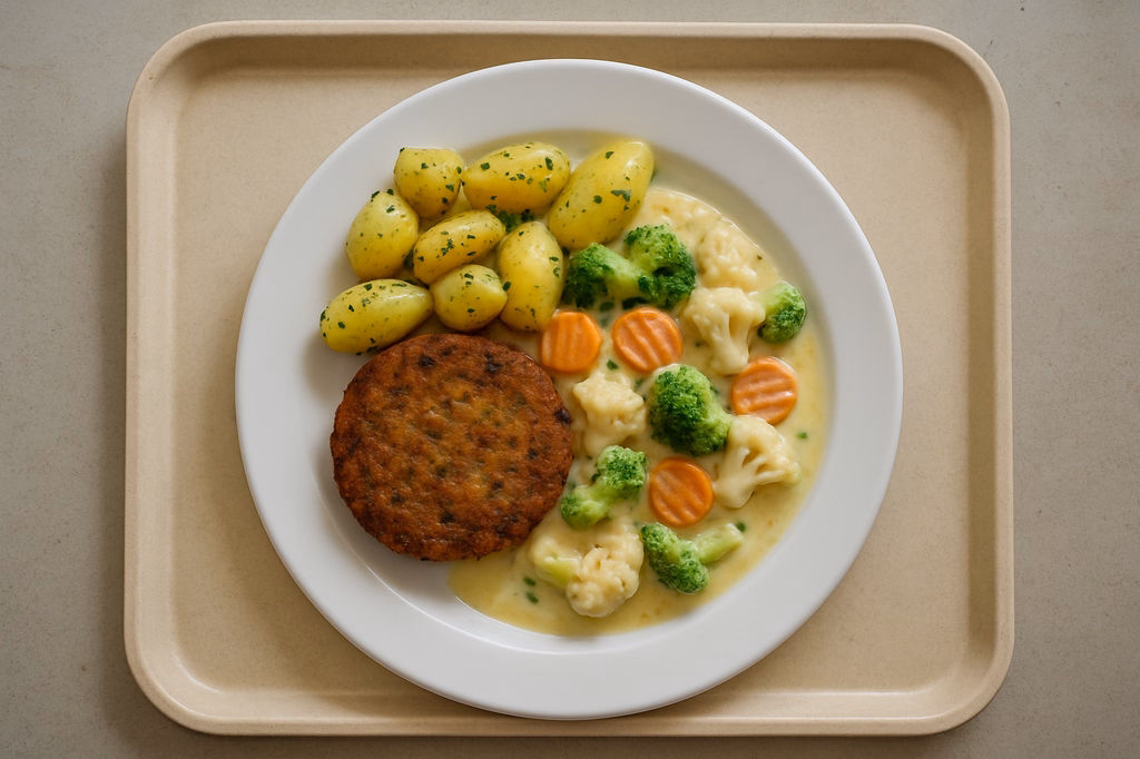Gemüsefrikadelle mit Kaiserrahmgemüse gekräuterte Kartoffeln (AI Generated)