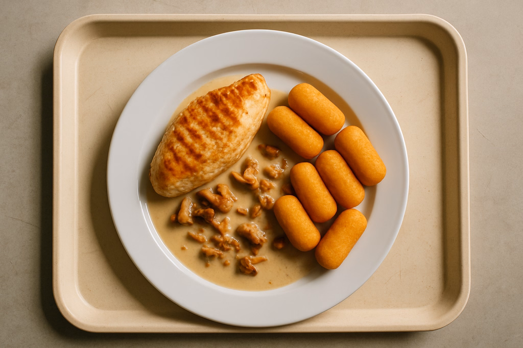 Gegrilltes frisches Maishähnchenbrustfilet Rahmsoße von frischen Pfifferlingen Kartoffelkroketten (AI Generated)