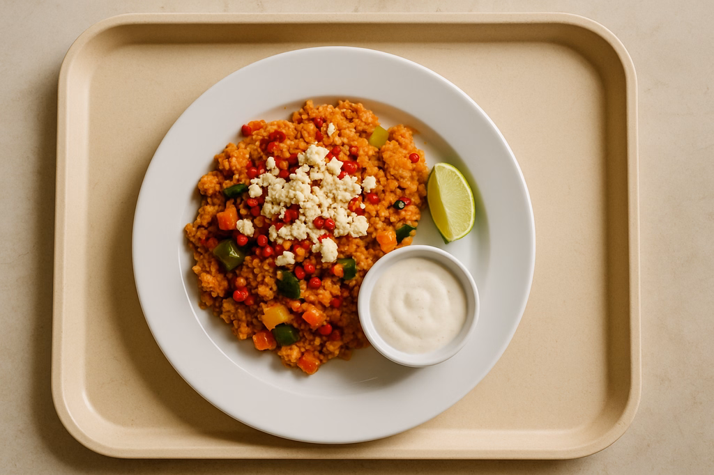 Levantinische Bulgurpfanne mit Gemüse, Granatapfelkernen & Hirtenkäse mit Limetten - Joghurtdip (AI Generated)