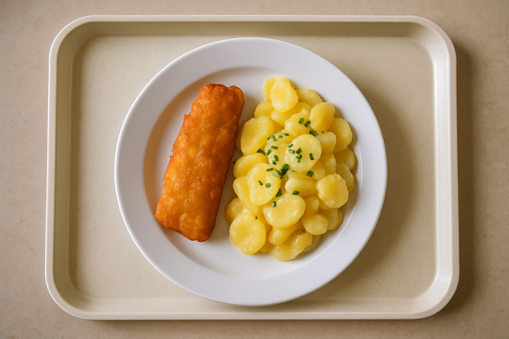 Gebackenes Kabeljaufilet, dazu Kartoffelsalat (AI Generated)