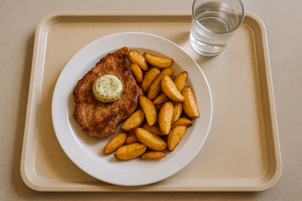 Schweinekammsteak mit Kräuterbutter dazu gebackene Patatas (AI Generated)