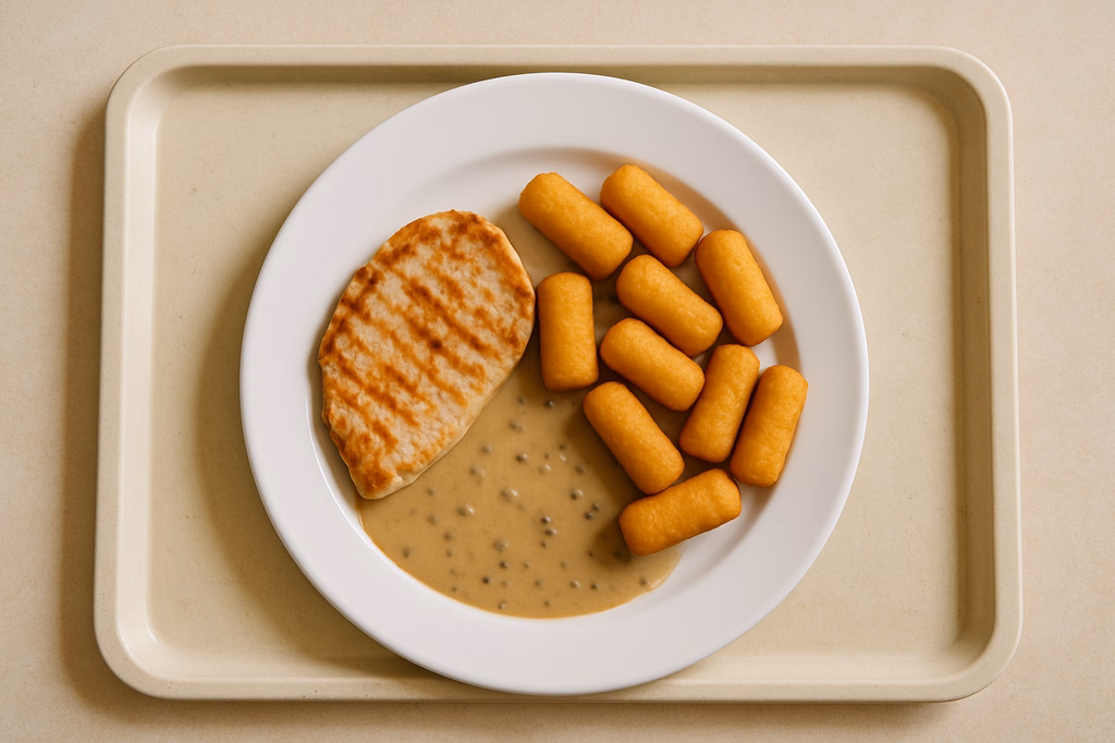 Putenbruststeak vom Grill mit Pfefferrahmsoße Kartoffelkroketten (AI Generated)
