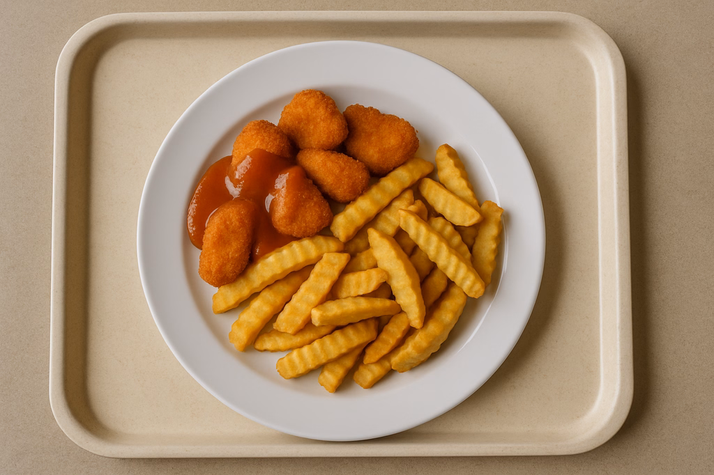 Gebackene Chicken Nuggets"mit Curry - Ketchupsoße Crinkle Wedges (AI Generated)