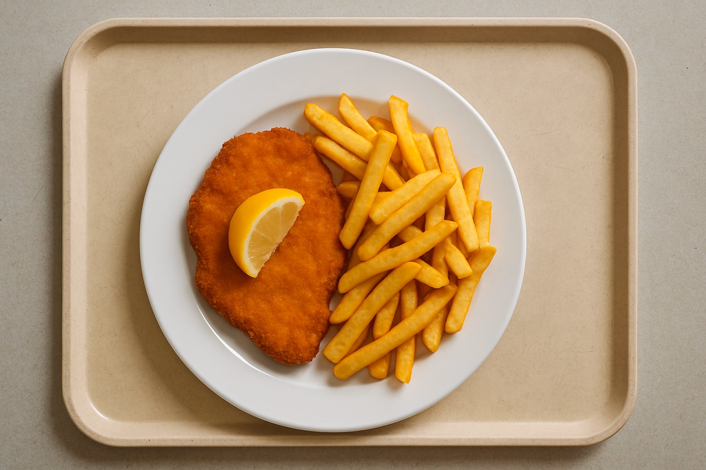 Hähnchenbrustfilet paniert mit Zitrone, dazu Super Crunch Pommes frites (AI Generated)