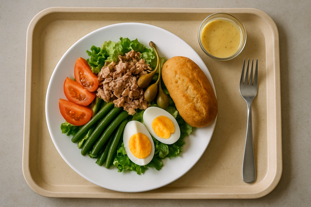 Großer Salatteller "Nicoise" mit Thunfisch, Kapernfrüchten, Ei und Toskana Brötchen hausgemachter Honig-Senf-Dressing (AI Generated)