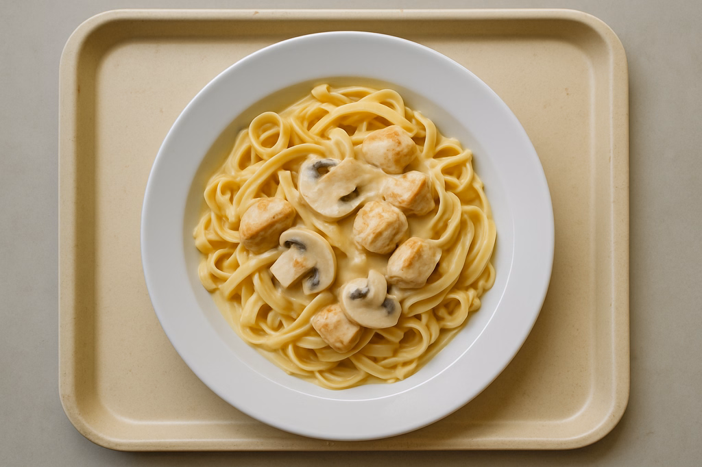 Pasta mit Sahnesoße mit Hähnchenbrust & frischen Champignons (AI Generated)