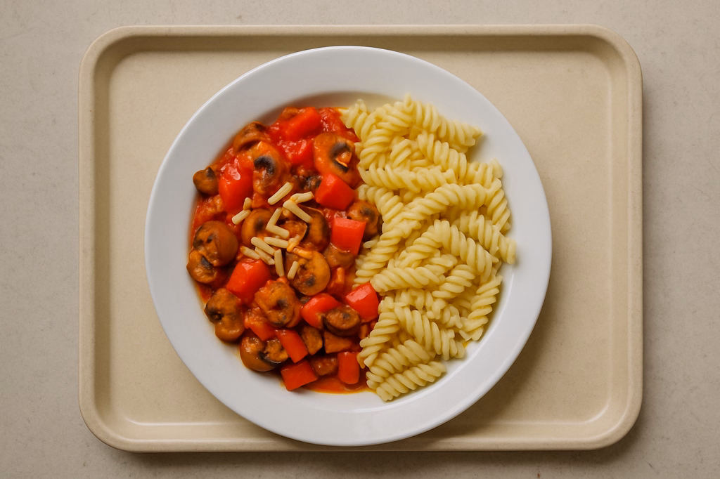 mensaVital: Feurige Pilzpfanne mit Paprika und Mandelstiften, dazu Pasta (AI Generated)