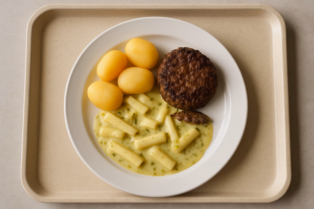 Hacksteak mit Spargelgemüsesoße Dampfkartoffeln (AI Generated)