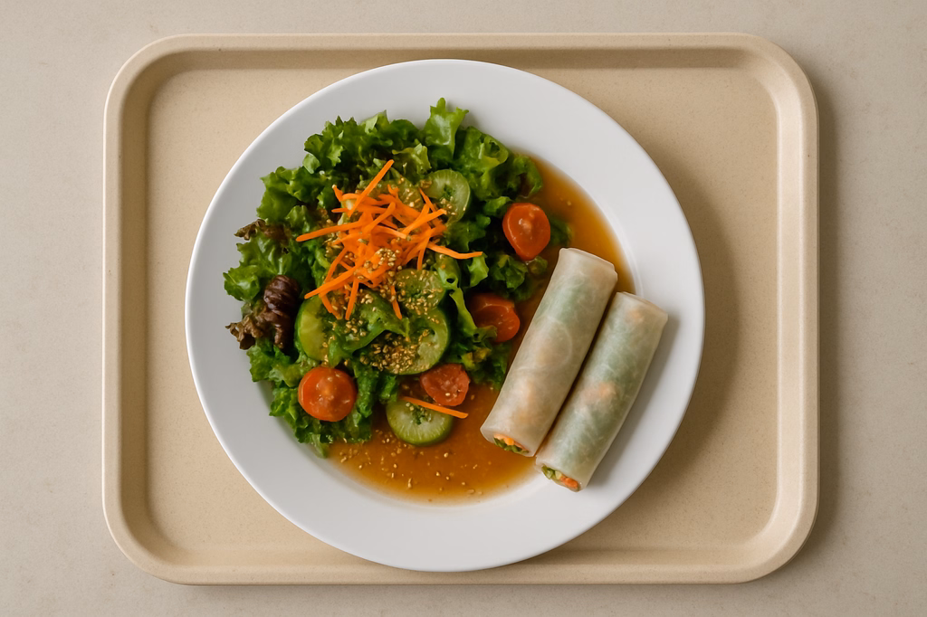 Sommerlicher Salatteller mit Sesam Ingwer Vinaigrette "Thai Style" vegane Frühlingsröllchen (AI Generated)
