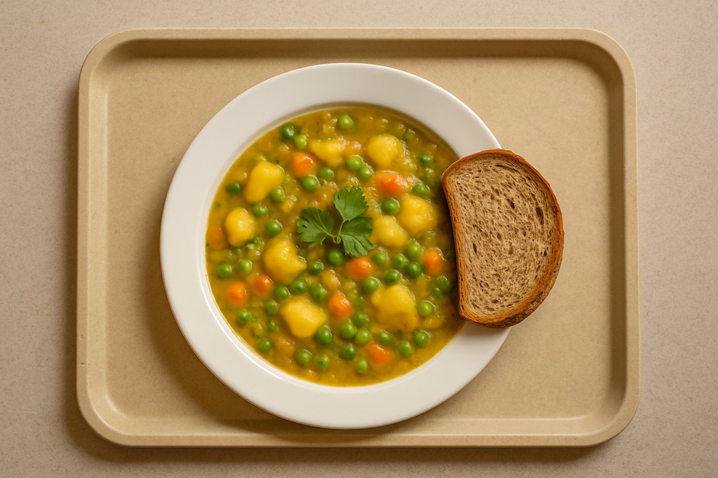 Veganer Kartoffel - Erbseneintopf mit Koriander, Minze und Brot (AI Generated)