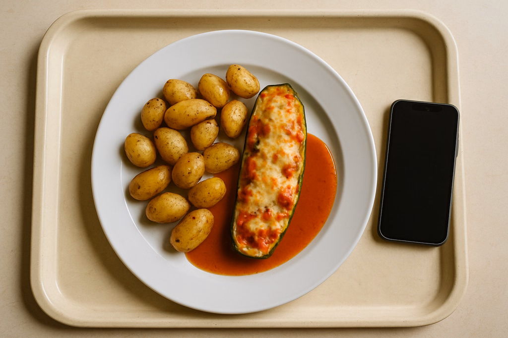 Überbackene Zucchini "mediterrane Art" mit Paprikasoße Rosmarinkartoffeln (AI Generated)