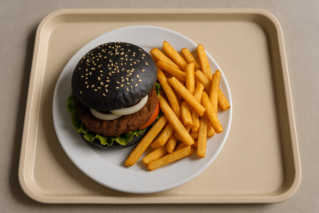 Halloween Black Vegan Burger, dazu Super Crunch Pommes frites (AI Generated)