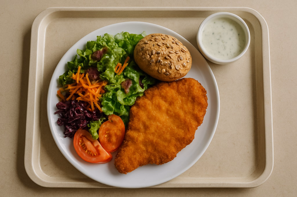 Großer herbstlicher Salatteller mit Hähnchenschnitzel und Körnerschrippe, dazu Kräuter-Joghurtdressing (AI Generated)