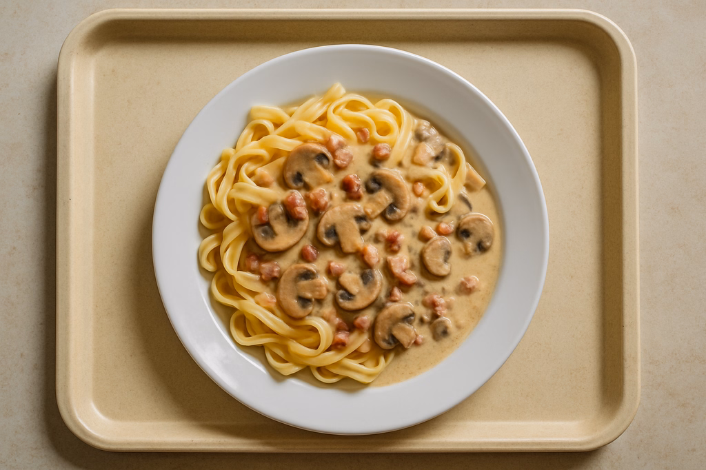 Pasta mit Rahmsoße von frischen Champignons & Speckwürfel (AI Generated)