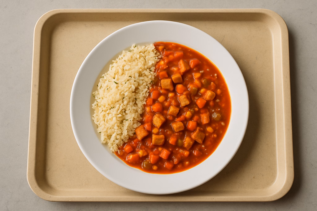 mensaVital: Veganes-Soja-Gemüse-Chili mit Kräuterreis (AI Generated)