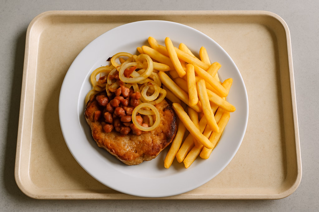 Schweinekammsteak "Holzfäller" mit Speck & Zwiebeln dazu Super Crunch Pommes frites (AI Generated)