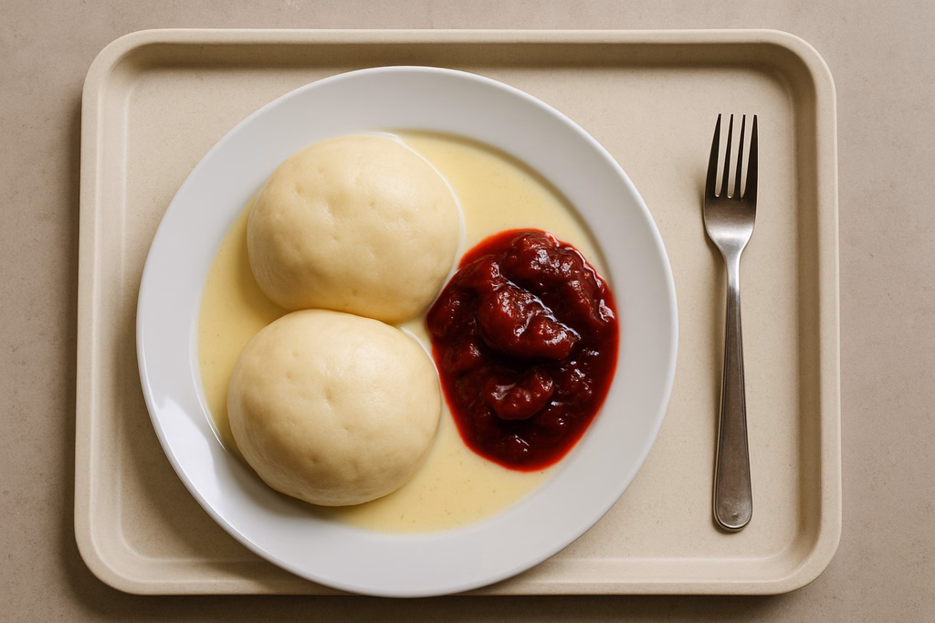 Zwei Germknödel gefüllt mit Kirschen und Pflaumenmus mit vegane Bourbon Vanillesoße Zwetschgenröster (AI Generated)