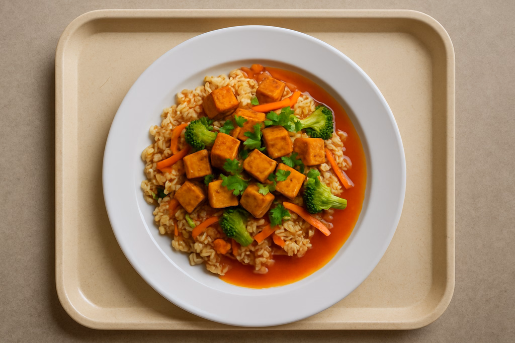 Asia Reispfanne mit marinierten Tofu, Gemüse, Koriander und Soße zur Auswahl Asia süß-saure Soße Thai Kokoscurrysoße (AI Generated)