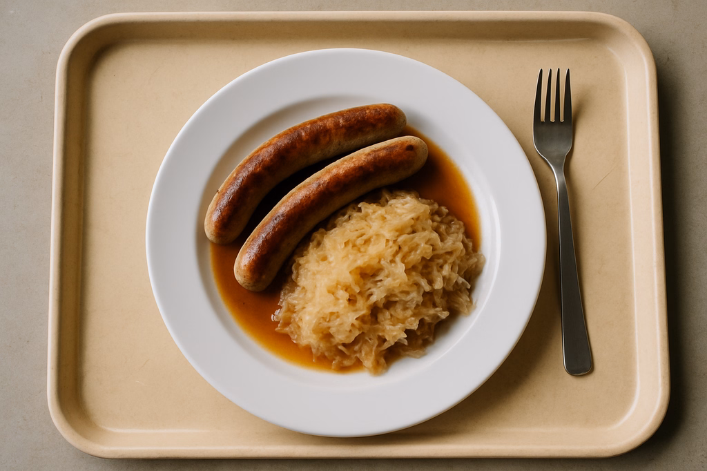 Ein Paar fränkische Bratwürste mit Bratenjus Weinsauerkraut (AI Generated)