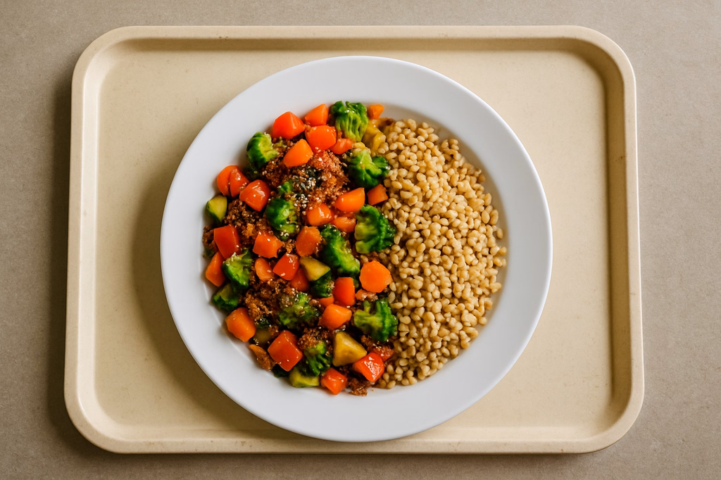 mensaVital: Bunte vegane Gemüsepfanne mit frischem Paprika, Sesam & roten Quinoa dazu Zartweizen (AI Generated)