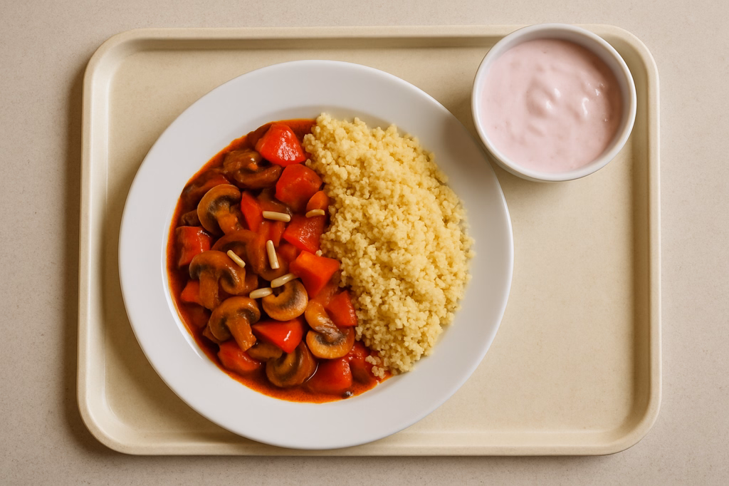 mensaVital: Feurige Pilzpfanne mit Paprika und Mandelstiften, dazu Couscous und Fruchtjoghurt (AI Generated)