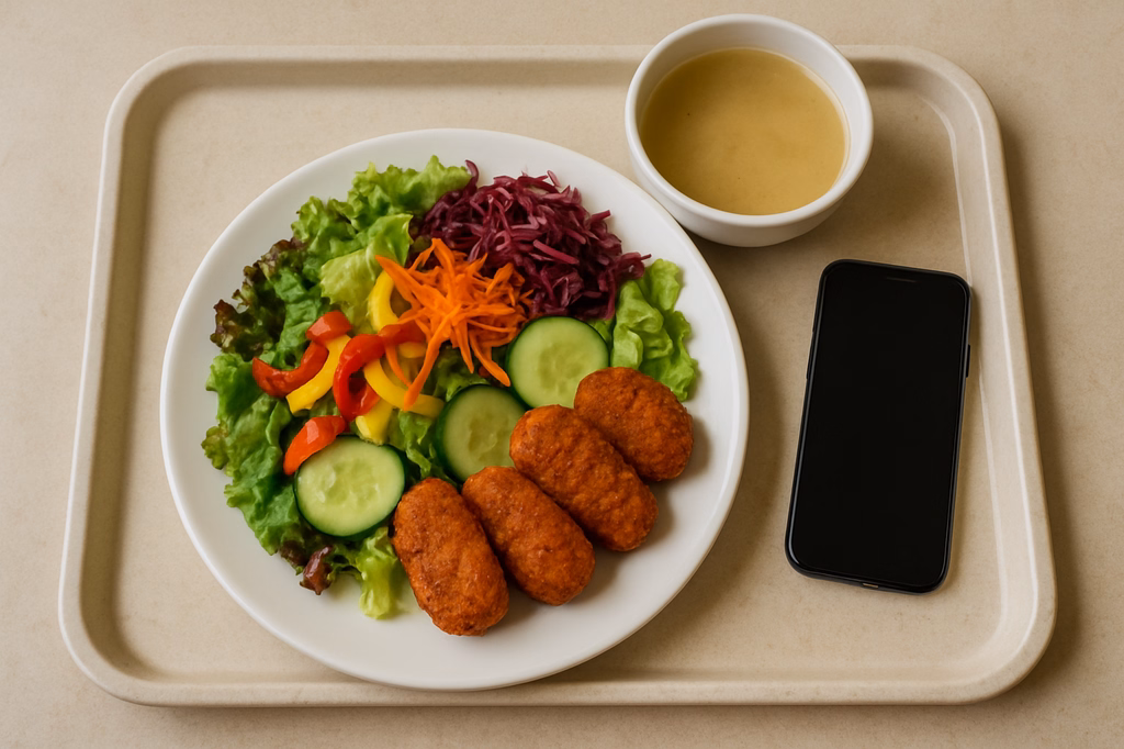 Großer bunter Salatteller saisonal frische Marktsalate mit feurigen veganen Plant Chili Nuggets (AI Generated)