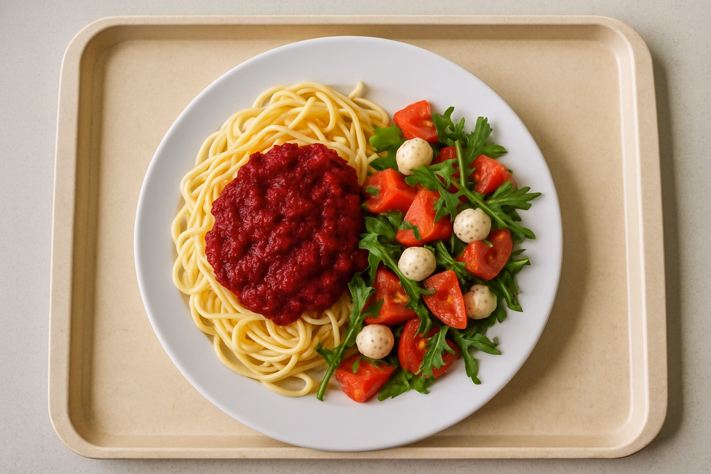 mensaVital: Spaghetti mit Rote - Bete - Soße, dazu einen Tomaten - Rucola-Salat mit Mozzarella (AI Generated)