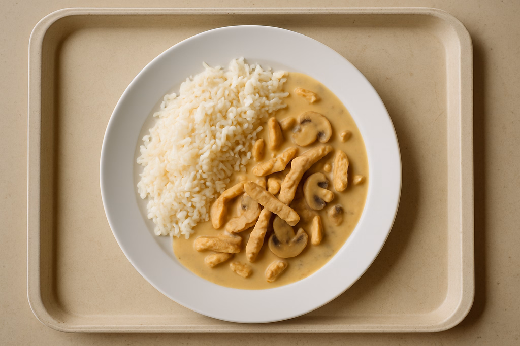 Geschnetzeltes von der Putenbrust in Champignonrahmsoße mit Langkornreis (AI Generated)