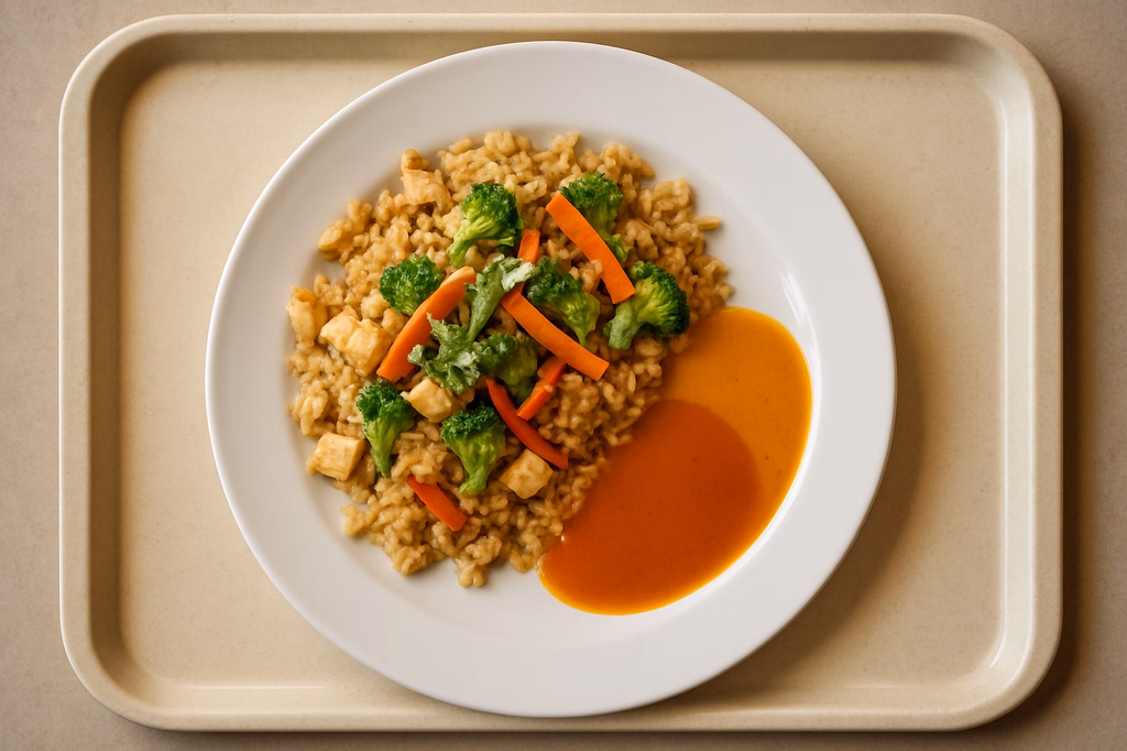 Asia Reispfanne mit Hähnchen, frischem Gemüse, Koriander und freier Soßenauswahl süß-saure Asia-Soße Thai Kokoscurrysoße (AI Generated)