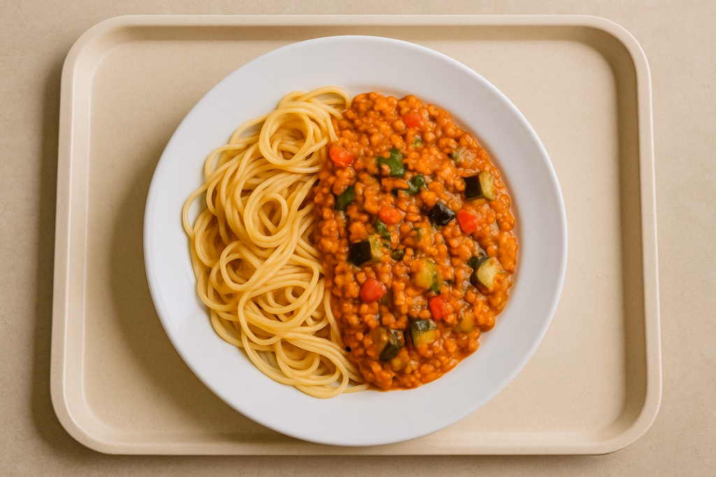 mensaVital: Spaghetti mit veganem Ragout von roten Linsen, mediterranem Gemüse & Kräutern (AI Generated)