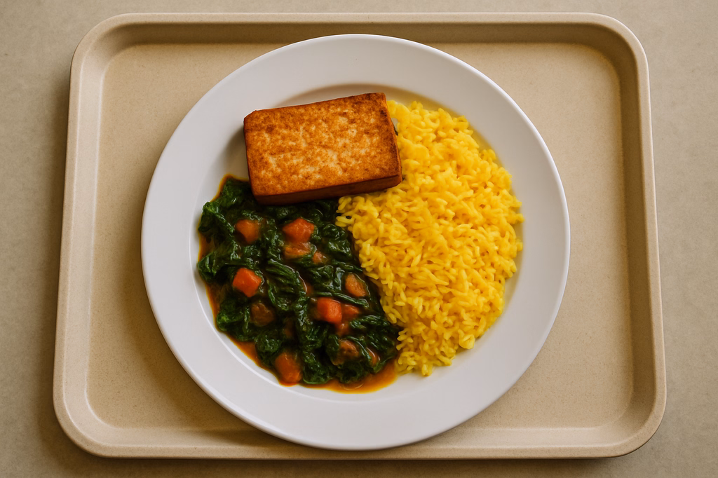 mensaVital: Tofusteak mit Spinat - Tomaten - Gemüse und Safranreis (AI Generated)