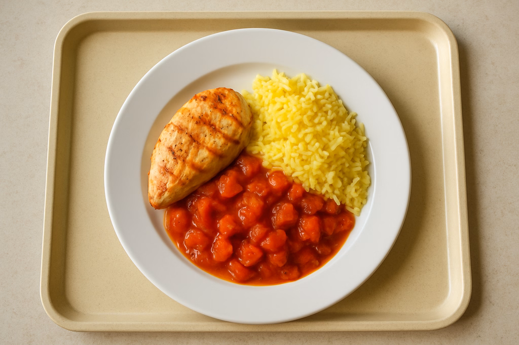 Gegrilltes frisches Maishähnchenbrustfilet orientalisches Tomatenragout Persischer Safranreis (AI Generated)