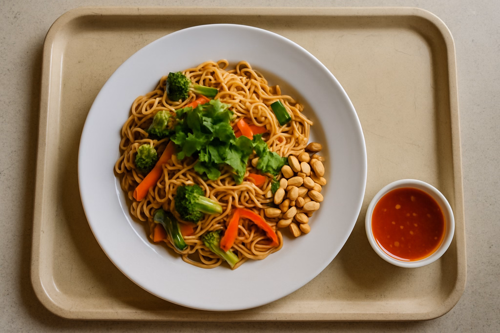 Gebratene Mienudeln "Asia Style" mit frischen Gemüse & Koriander, sweet Chili Dip & Erdnüssen (AI Generated)