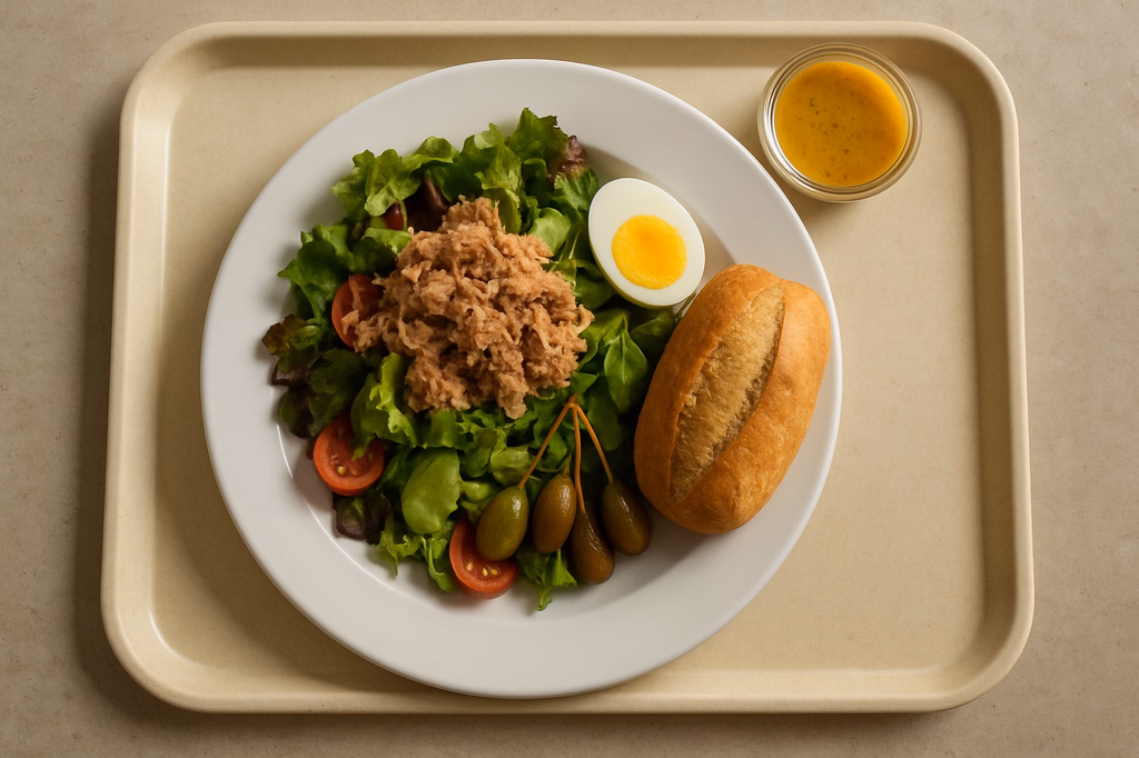 Großer Salatteller "Nicoise" mit Thunfisch, Kapernfrüchten, Ei und Toskana Brötchen mit hausgemachten Honig-Senf-Dressing (AI Generated)