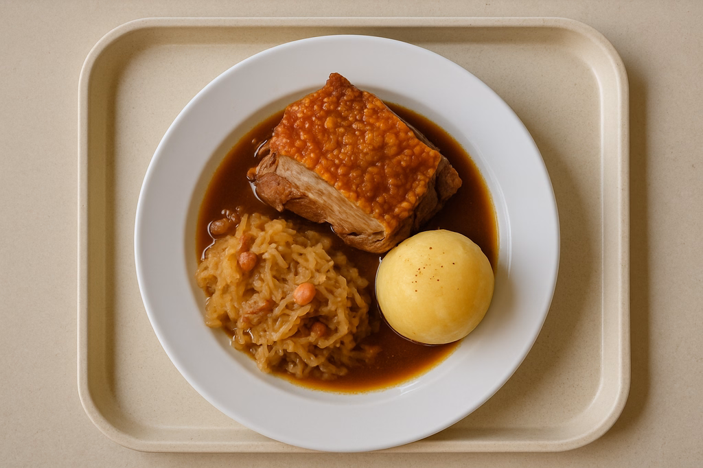 Knuspriges Schweineschäufele an Bratenjus an bayrisch´ Kraut mit Speck Kartoffelkloß (AI Generated)