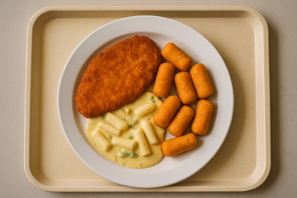 Paniertes Putenschnitzel Spargelgemüsesoße Kartoffelkroketten (AI Generated)