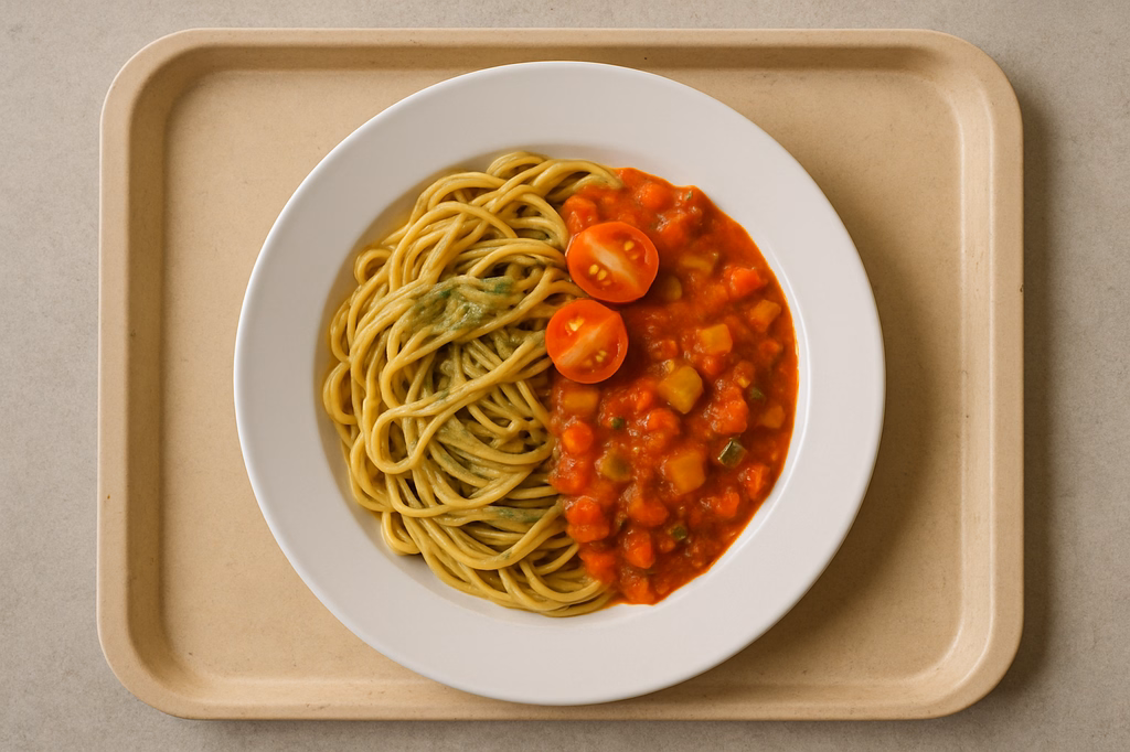 mensaVital: Linguine mit hausgemachten veganem Rucola Nusspesto Tomaten Gemüsesugo (AI Generated)