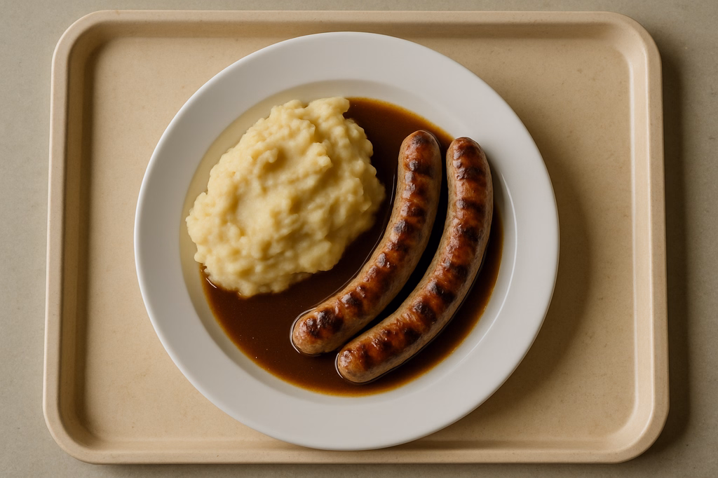 Ein Paar fränkische Bratwürste, dazu Bratenjus hausgemachtes Kartoffel Selleriepüree (AI Generated)