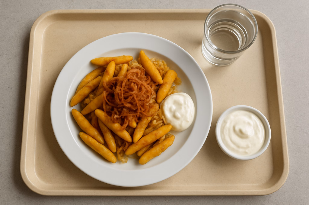 Kraut-Schupfnudeln mit Röstzwiebeln und Sauerrahmdip (AI Generated)