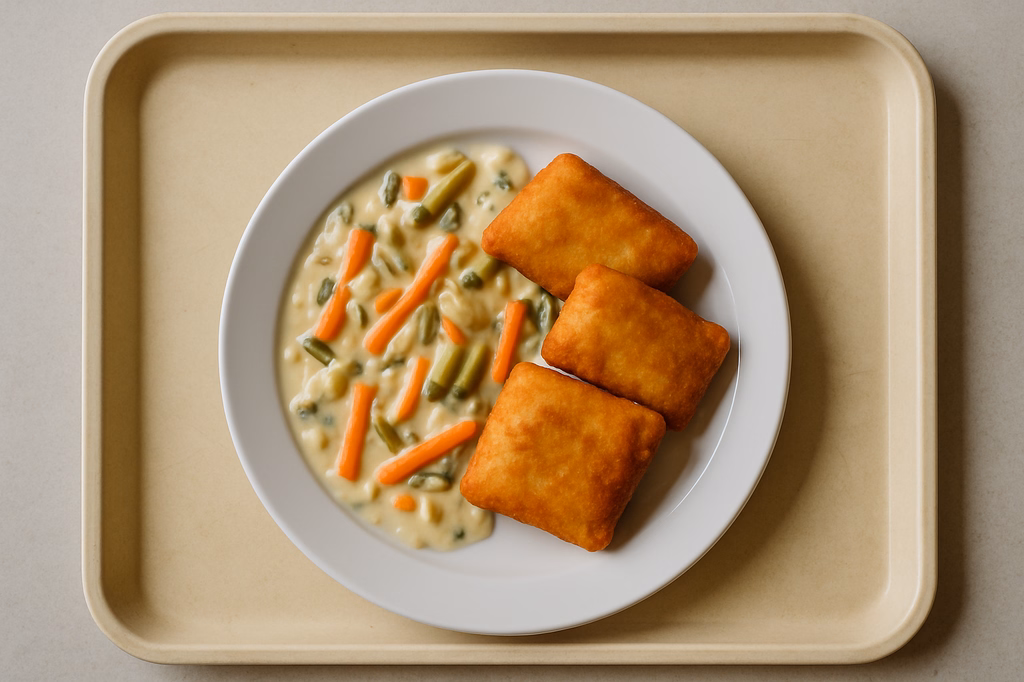 Gebackene Kartoffeltaschen "Kräuterfrischkäse" mit Rahmgemüse (AI Generated)