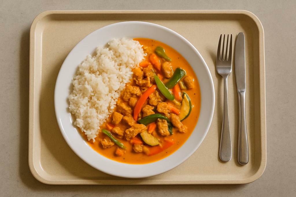 "Red Massaman Curry" mit Sojageschnetzelten, frischem Wokgemüse in Kokosmilch, Zitronengras und Jasmin Reis (AI Generated)