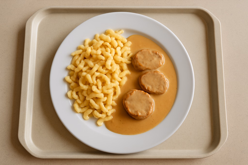 Schweinelendchen mit Rahmsoße Eierknöpfle aus der Pfanne (AI Generated)