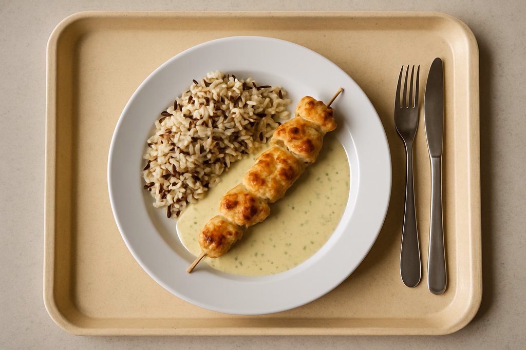 Hähnchenfiletspieß mit Kräuterrahmsoße und Wildreis (AI Generated)