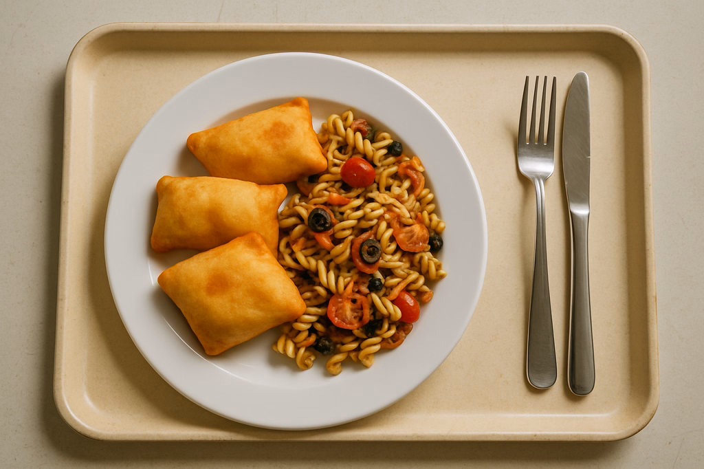 Kartoffeltaschen gefüllt mit Tomaten & Mozzarella dazu mediterraner Nudelsalat (AI Generated)